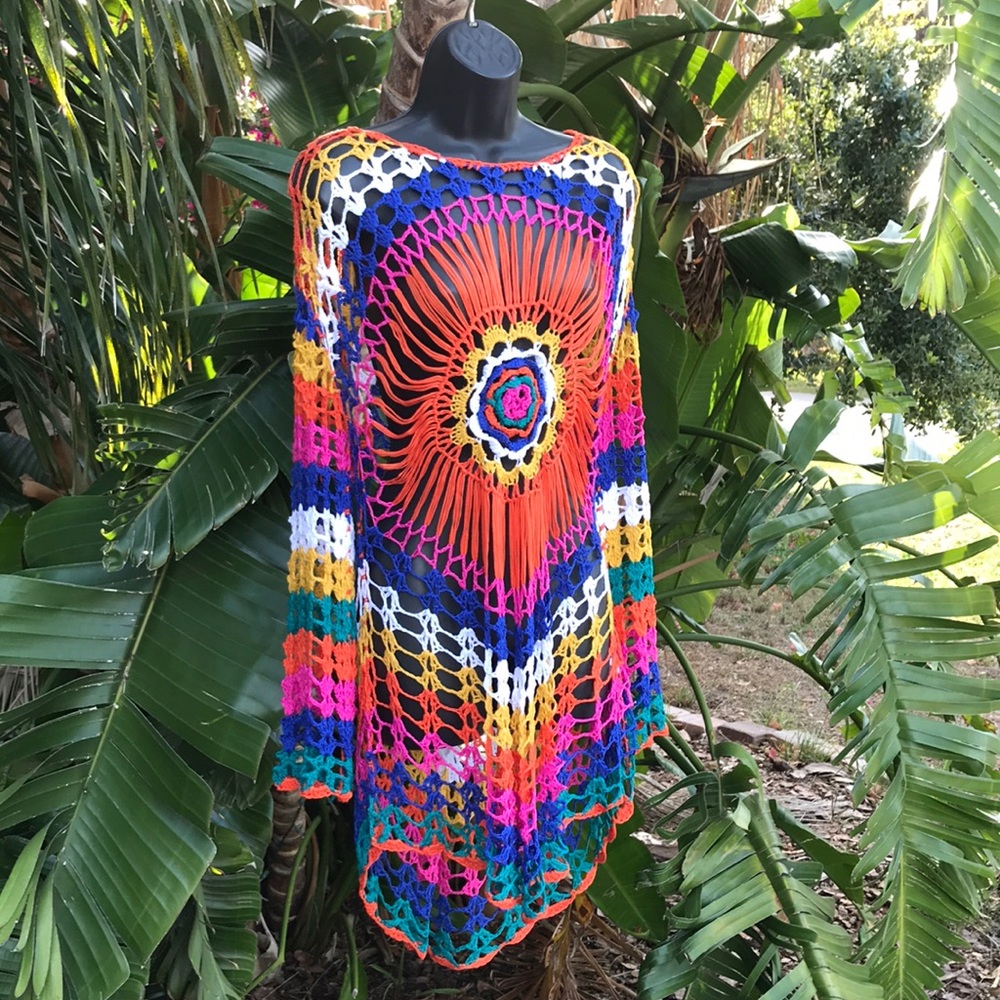 Super fun bright crochet tunic dress or cover up with rosettes